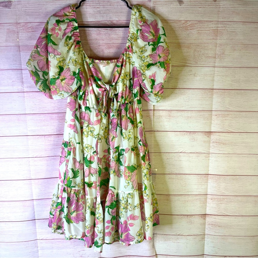 Lovecolette Floral Puff Sleeve Smock Back Front Tie Dress Size‎ Large